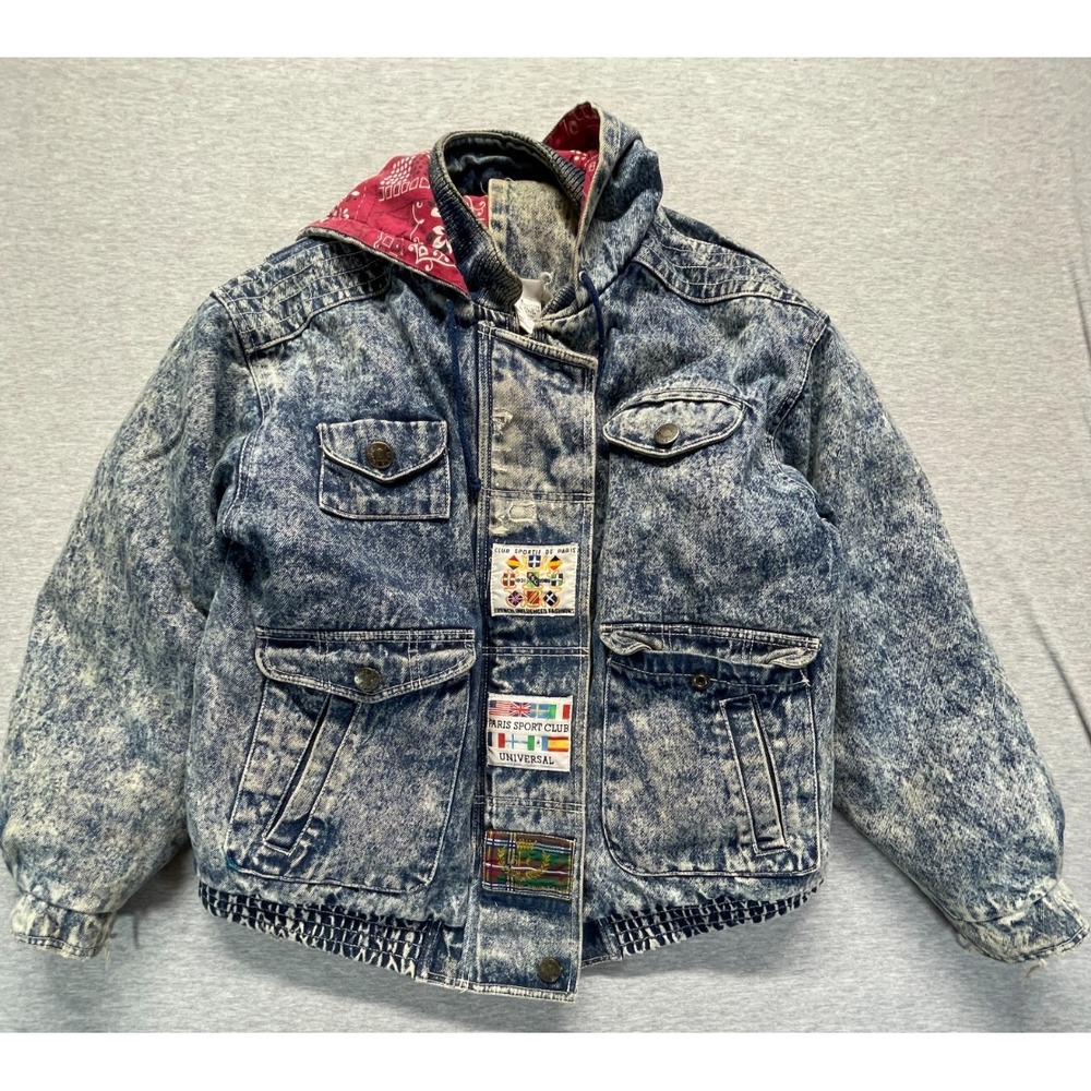 Vintage Paris Sport Club Bomber Jacket Womens Medium Blue Acid Wash Denim Cotton